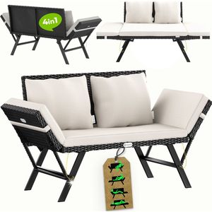 Casaria Polyrattan Tuinbank met Reclining Functie Kussen Verstelbare Armleuningen Weerbestendig Tuin Terras Balkon Zwart