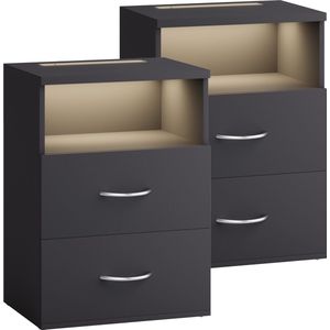 CASARIA Nachtkastje Set van 2 - Antraciet - 2 Lades - LED Verlichting