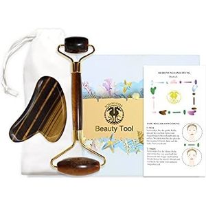 Sodacoda Gua Sha Set - traditionele Chinese beauty gezichtsmassage - halfedelsteen schraper en roller - tijgeroog uit Zuid-Afrika