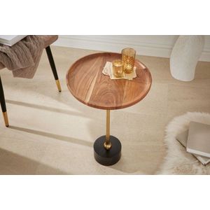 Design Bijzettafel TRAYFUL 55cm massief acaciahout rond goud zwart marmeren voet - 41282