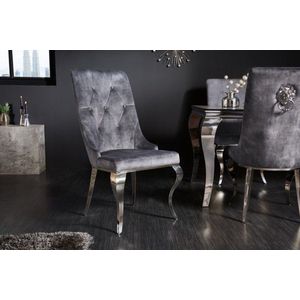 Elegante Stoel - Modern Barok - Grijs - Fluweel - Zilveren Leeuwenkop