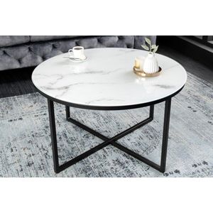 Elegante salontafel BOUTIQUE 80cm wit rond kristalglas met marmeren decor zwart frame - 42159