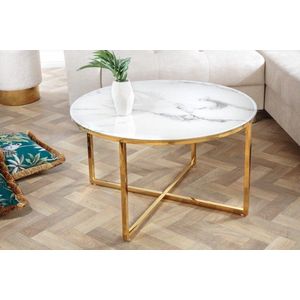 Elegante salontafel BOUTIQUE 80cm wit rond kristalglas met marmeren decor gouden frame - 42160