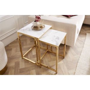 Design bijzettafel set van 2 ELEGANCE 40cm wit kristalglas met marmeren decor gouden frame - 42177