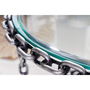 Design salontafel CHAINS 65cm zilver handgemaakt metalen rond glazen blad kettingframe - 42235