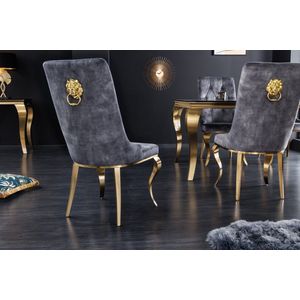 Elegante stoel MODERN BAROK grijs fluweel met gouden leeuwenkop - 42318