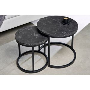 Set van 2 bijzettafels ELEGANCE 45cm zwart marmeren design metalen frame rond - 43644