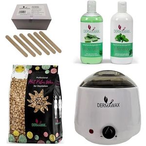 Dermawax Professionele waxset voor ontharing, 1000 ml, Made in Spanje, 1 kg gouden waxparels, 500 ml, aloë vera voorbehandelingslotion, 500 ml, menthol nabehandelingsmelk, 200 stuks houten spatels