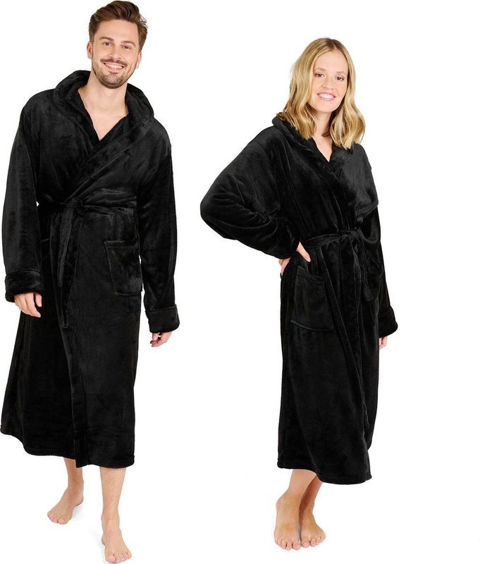 Blumtal Badjas Unisex - Dames en Heren Badjas - Fleece Badjas met Capuchon - met Zakken - Zwart - Maat S