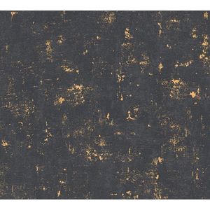 Steen tegel behang Profhome 230782-GU vliesbehang licht gestructureerd met structuur mat zwart goud 5,33 m2