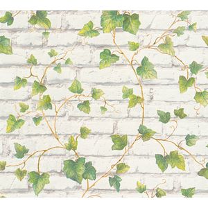 Steen tegel behang Profhome 319421-GU vliesbehang glad met bloemmotief mat groen wit 5,33 m2