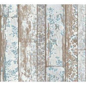 Hout behang Profhome 361191-GU vliesbehang glad met bloemmotief mat blauw bruin 5,33 m2