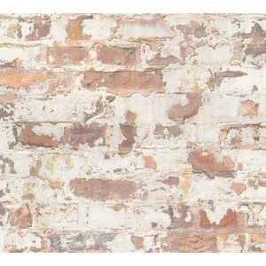 Steen tegel behang Profhome 369291-GU vliesbehang glad met vogel patroon mat oranje wit 5,33 m2