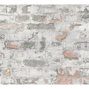 Steen tegel behang Profhome 369292-GU vliesbehang glad met vogel patroon mat grijs wit 5,33 m2