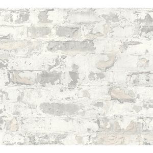 Steen tegel behang Profhome 369293-GU vliesbehang glad met vogel patroon mat grijs wit 5,33 m2
