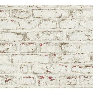 Steen tegel behang Profhome 371621-GU vliesbehang glad met vogel patroon mat wit rood 5,33 m2