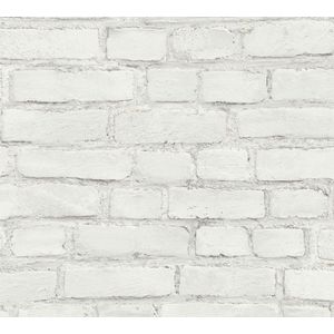 Steen tegel behang Profhome 374142-GU vliesbehang glad met natuur patroon mat wit grijs 5,33 m2