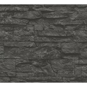 3D Steen tegel behang Profhome 707123-GU vliesbehang licht gestructureerd met natuur patroon mat grijs zwart 5,33 m2