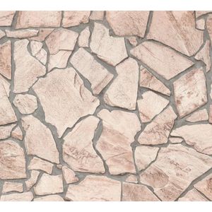 Steen tegel behang Profhome 927323-GU vliesbehang glad met natuur patroon mat beige grijs 5,33 m2