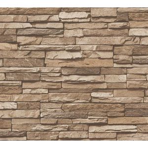 Steen tegel behang Profhome 958332-GU vliesbehang glad met natuur patroon mat bruin beige 5,33 m2