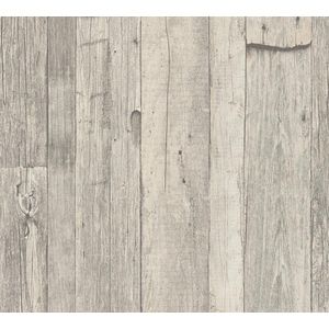 Hout behang Profhome 959311-GU vliesbehang glad in landhuis stijl mat grijs wit beige 5,33 m2