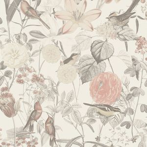 Bloemen behang Profhome 372762-GU vliesbehang glad met bloemen patroon mat grijs roze oranje 5,33 m2