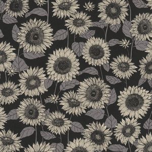 Bloemen behang Profhome 376854-GU vliesbehang glad met bloemen patroon glanzend zwart antraciet grijs beige 5,33 m2