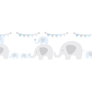 Dieren patroon behang Profhome 403748-GU zelfklevende behangrand licht gestructureerd met olifanten mat blauw grijs wit 0,75 m2
