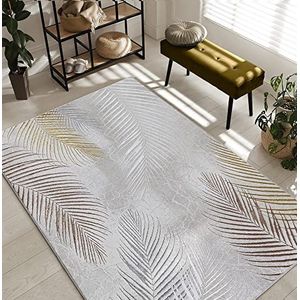 The Carpet Mila-tapijt, modern tapijt voor in de woonkamer, elegant, glanzend, laagpolig woonkamertapijt, in grijs met een patroon van gouden en zilveren veren, tapijt van 200 x 290 cm