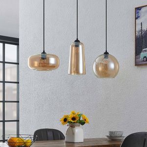Lucande - hanglamp - 3 lichts - metaal, glas - E27 - zwart, amber