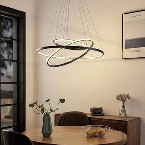LED Hanglamp Woonkamer Lamp Kroonluchter Dimbaar Met Afstandsbediening Hanglampen Moderne Eettafellampen Aluminium Rond Acryl Verlichting Plafond,Black,2 laps 40 60cm