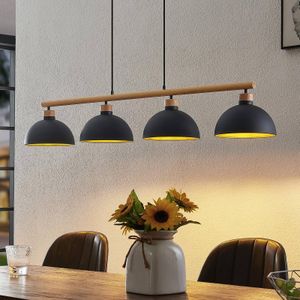 Lindby - hanglamp - 4lichts - ijzer, rubberboomhout - E27 - zwart, goud, hout licht