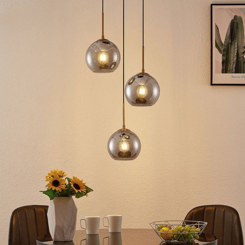Lindby Hängeleuchte Jurian, dimmbar, Leuchtmittel nicht inklusive, Modern, Stahl, Glas, bronze, rauchgrau, 3 flammig, E27, Deckenlampe