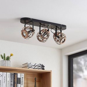 Lindby plafondspot Bominio, 54 cm, 3-lamps, hout, rotan