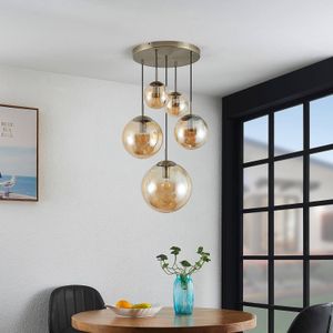 Lindby Teeja hanglamp, 5 glasbollen, amber