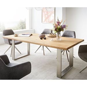 Eettafel Edge eiken natuur 200x100x2,5 edelstaal smal Live-Edge