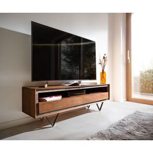 Tv-meubel Stonegrace acacia bruin steenfineer 145 cm 2 laden 1 legplank V-poot zwart Tv-meubel