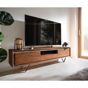 Tv-meubel Stonegrace acacia bruin steenfineer 175 cm 2 deuren 1 lade 1 legplank V-poot zwart Tv-meubel