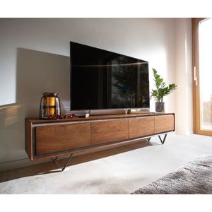 Tv-meubel Stonegrace acacia bruin steenfineer 200 cm 4 deuren V-poot zwart Tv-meubel