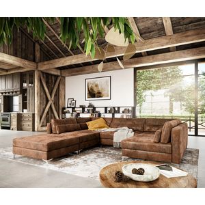 Wohnlandschaft Elio 300x185 cm Lederimitat Vintage Braun Antik mit Hocker