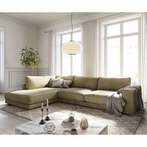 Hoekbank Cubico structuurstof Olijf 325x225 cm voetenbank links sofa