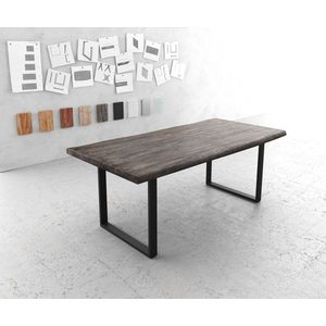 Eettafel Edge acacia platina 200x100 XL skidframe zwart Live-Edge eettafel