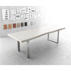 Eetkamer tafel Edge Neem wit gekalkt 260x100 XL roestvrij staal smal Live-Edge