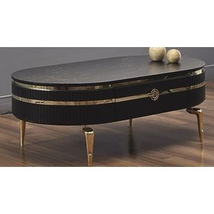 Casa Padrino luxe Art Deco salontafel zwart/goud 120 x 67 x H. 42 cm - Ovale woonkamertafel met lade en faux marmeren blad - Luxe Woonkamermeubels - Art Deco meubels