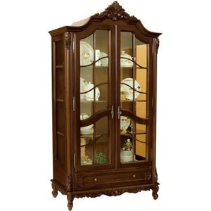 Casa Padrino luxe barokke vitrinekast donkerbruin - Prachtige massief houten vitrine met 2 glazen deuren en lade - Handgemaakt barok meubilair - Noble & Magnificent