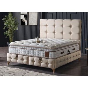 Casa Padrino luxe tweepersoonsbed crème/wit/bruin 180 x 200 cm - Massief houten bed met hoofdeinde en matras - Slaapkamermeubilair - Hotelmeubilair - Luxe meubels - Luxe interieur
