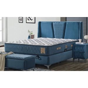 Casa Padrino luxe tweepersoonsbed blauw/wit/zilver 180 x 200 cm - Massief houten bed met hoofdeinde en matras - Slaapkamermeubilair - Hotelmeubilair - Luxe meubels - Luxe interieur