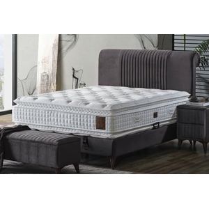 Casa Padrino luxe tweepersoonsbed grijs/wit/donkerbruin 180 x 200 cm - Massief houten bed met hoofdeinde en matras - Slaapkamermeubilair - Hotelmeubilair - Luxe meubels - Luxe interieur