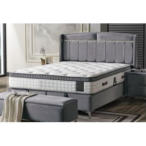 Casa Padrino luxe tweepersoonsbed grijs/wit/zilver 180 x 200 cm - Massief houten bed met LED verlichting en matras - Slaapkamermeubilair - Hotelmeubilair - Luxe meubels - Luxe interieur