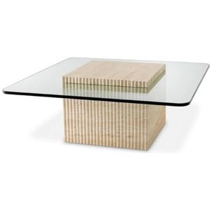 Casa Padrino luxe travertijn salontafel beige 90 x 90 x H. 35 cm - Vierkante natuurstenen woonkamertafel met glazen blad - Woonkamermeubels - Luxe meubels - Luxe meubels - Luxe meubels